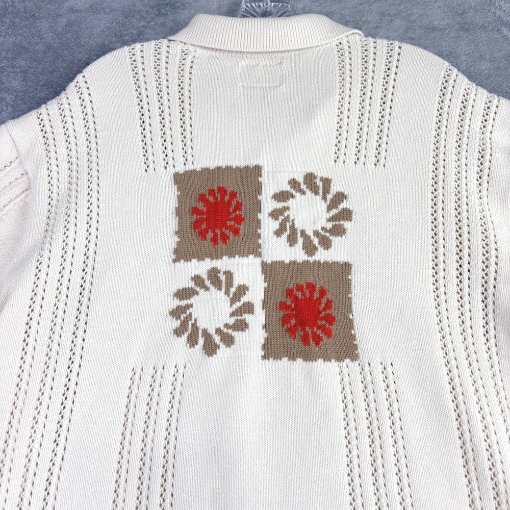 PAC SUN‎ Mens L Cream Knit Sweater Shirt Short Sleeve Crochet Geometric Back Y2K